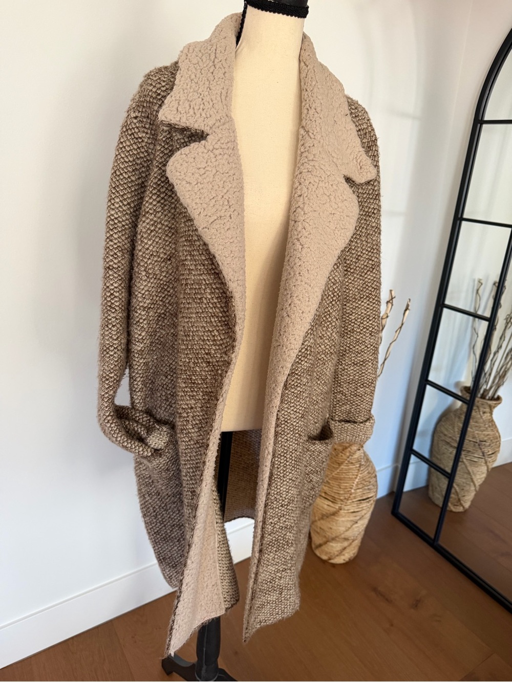 Cozy Open-Front Sherpa-Lined Cardigan Sweater - Taupe